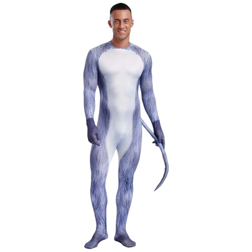 Jugaoge Herren Tier Kostüm 3D Print Ganzkörperanzug Body Bodysuit mit Schwanz Skinny Fit Stretch Jumpsuit Overall Halloween Cosplay Party Outfits gr. S-3XL Tippe I 3XL von Jugaoge