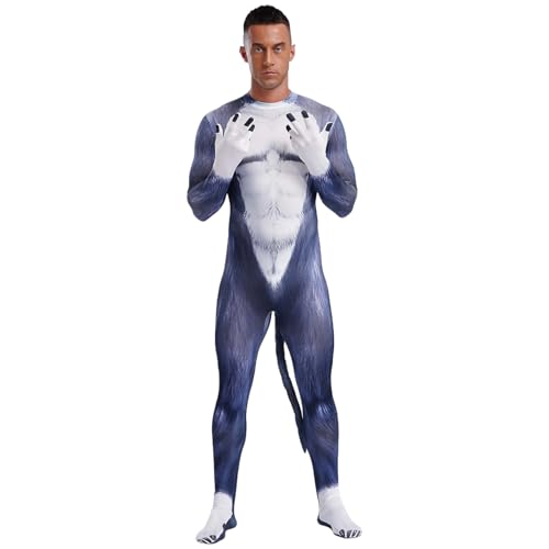 Jugaoge Herren Tier Kostüm 3D Print Ganzkörperanzug Body Bodysuit mit Schwanz Skinny Fit Stretch Jumpsuit Overall Halloween Cosplay Party Outfits gr. S-3XL Typ D 3XL von Jugaoge