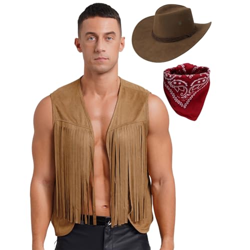 Jugaoge Herren Wildleder Western Weste mit Hut und Halstuch Film Spiel Figur Cosplay Outfits Geschenke Braun S von Jugaoge