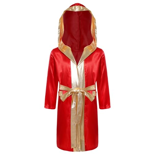 Jugaoge Jungen Boxing Kostüm Kapuzenjacke mit Metallic Bindengürtel Langarm Tunika Muay Thai Kickboxing Robe Boxer Umhang Hooded Cape Burgundy 146-152 von Jugaoge