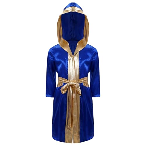 Jugaoge Jungen Boxing Kostüm Kapuzenjacke mit Metallic Bindengürtel Langarm Tunika Muay Thai Kickboxing Robe Boxer Umhang Hooded Cape Königsblau 146-152 von Jugaoge