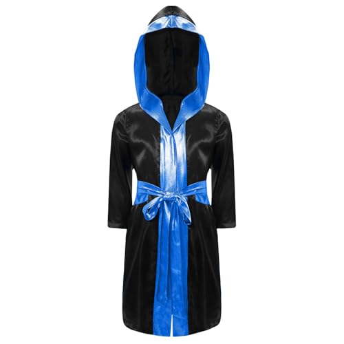 Jugaoge Jungen Boxing Kostüm Kapuzenjacke mit Metallic Bindengürtel Langarm Tunika Muay Thai Kickboxing Robe Boxer Umhang Hooded Cape Schwarz Blau 110-116 von Jugaoge