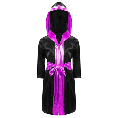 Jugaoge Jungen Boxing Kostüm Kapuzenjacke mit Metallic Bindengürtel Langarm Tunika Muay Thai Kickboxing Robe Boxer Umhang Hooded Cape Schwarz & Hot Pink 134-140 von Jugaoge