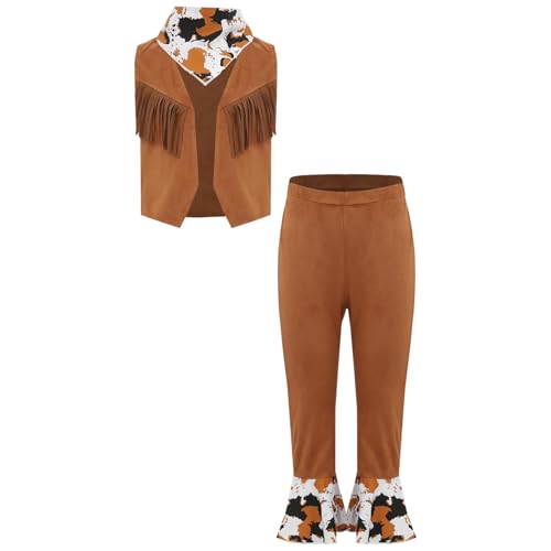 Jugaoge Jungen Cowboy Kostüm Ärmellose Weste mit Fransen + Lange Hose Ausgestellt Pants + Kuh Flecken Halstuch Hippie Cosplay Outfits Braun 104-110 von Jugaoge