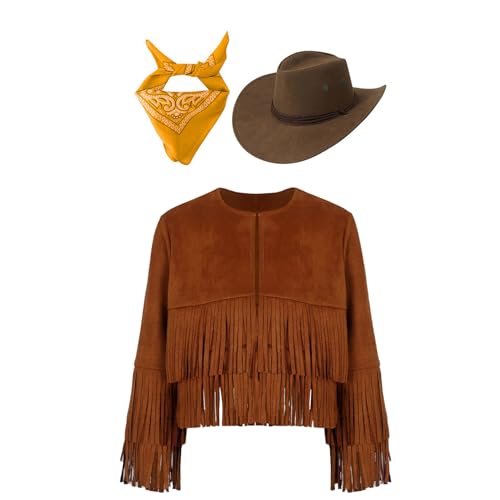 Jugaoge Jungen Cowboy Kostüm Set aus Langarm Wildleder Jacke mit Fransen Vorne Offene Mantel mit Hut und Halstuch Hippie Kleidung Motto Party Outfits Braun&Gelb 110-116 von Jugaoge