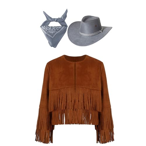 Jugaoge Jungen Cowboy Kostüm Set aus Langarm Wildleder Jacke mit Fransen Vorne Offene Mantel mit Hut und Halstuch Hippie Kleidung Motto Party Outfits Braun&Grau 122-128 von Jugaoge