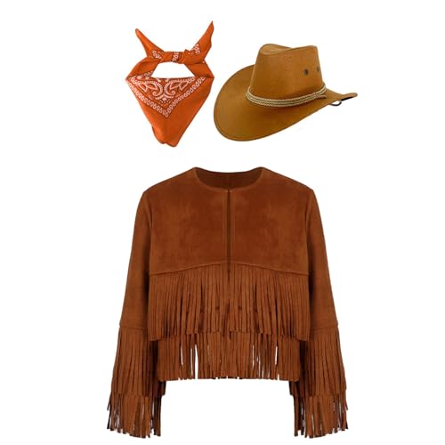 Jugaoge Jungen Cowboy Kostüm Set aus Langarm Wildleder Jacke mit Fransen Vorne Offene Mantel mit Hut und Halstuch Hippie Kleidung Motto Party Outfits Braun und Orange 110-116 von Jugaoge