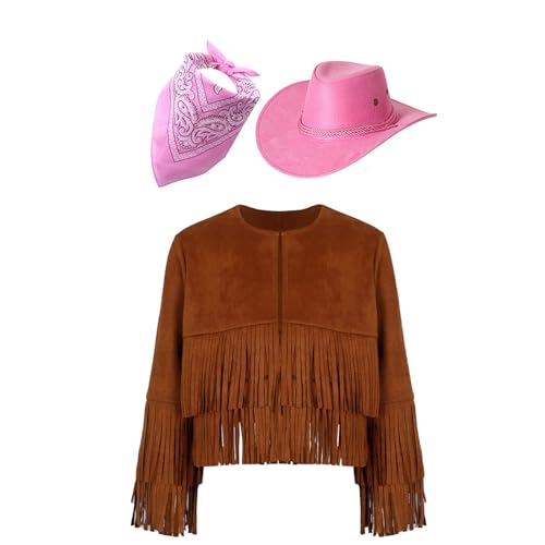 Jugaoge Jungen Cowboy Kostüm Set aus Langarm Wildleder Jacke mit Fransen Vorne Offene Mantel mit Hut und Halstuch Hippie Kleidung Motto Party Outfits Braun und Rosa 110-116 von Jugaoge