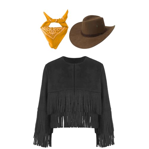 Jugaoge Jungen Cowboy Kostüm Set aus Langarm Wildleder Jacke mit Fransen Vorne Offene Mantel mit Hut und Halstuch Hippie Kleidung Motto Party Outfits Schwarz Gelb 110-116 von Jugaoge