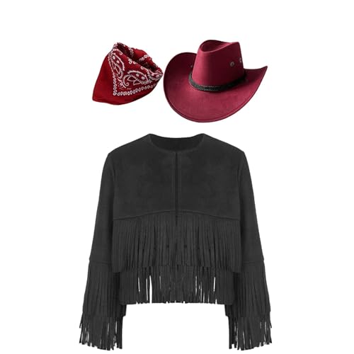 Jugaoge Jungen Cowboy Kostüm Set aus Langarm Wildleder Jacke mit Fransen Vorne Offene Mantel mit Hut und Halstuch Hippie Kleidung Motto Party Outfits Schwarz Rot 110-116 von Jugaoge