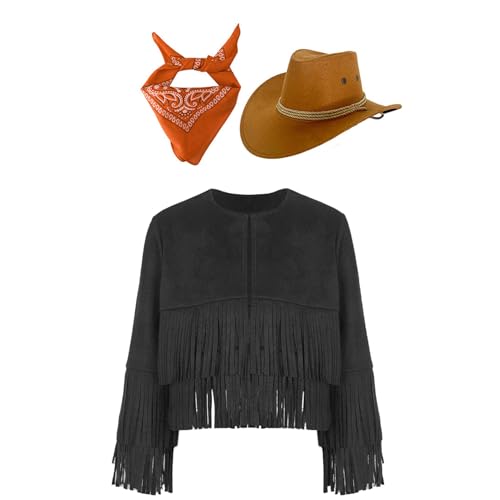 Jugaoge Jungen Cowboy Kostüm Set aus Langarm Wildleder Jacke mit Fransen Vorne Offene Mantel mit Hut und Halstuch Hippie Kleidung Motto Party Outfits Schwarz & Orange 110-116 von Jugaoge