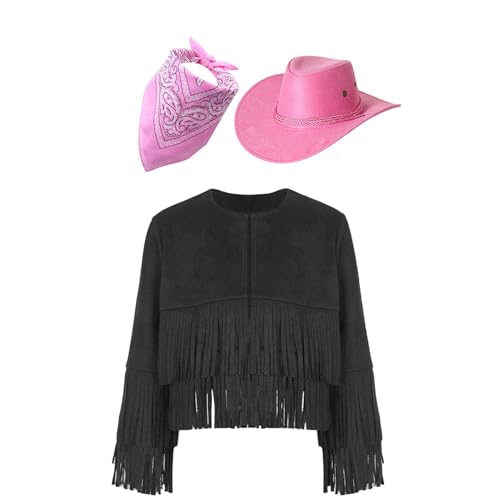 Jugaoge Jungen Cowboy Kostüm Set aus Langarm Wildleder Jacke mit Fransen Vorne Offene Mantel mit Hut und Halstuch Hippie Kleidung Motto Party Outfits Schwarz & Rosa 110-116 von Jugaoge