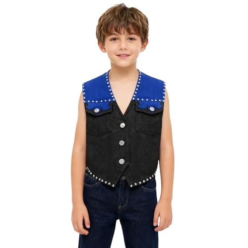 Jugaoge Jungen Cowboy Weste Western Wildleder Gilet Ärmellos Geknöpfte Anzugjacke Patchwork Blazer mit Fransen Retro Hippie Kleidung Party Outfits Königsblau 158-164 Jugaoge Jungen Cowboy Weste Western Wildleder Gilet Ärmellos Geknöpfte Anzugjacke Patchwork Blazer mit Fransen Retro Hippie Kleidung Party Outfits Königsblau 158-164 von Jugaoge