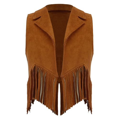 Jugaoge Jungen Cowboy Weste Western Wildleder Gilet Ärmellos Vorne Offene Anzugjacke Blazer mit Fransen Retro Hippie Kleidung Party Outfits Braun 122-128 von Jugaoge