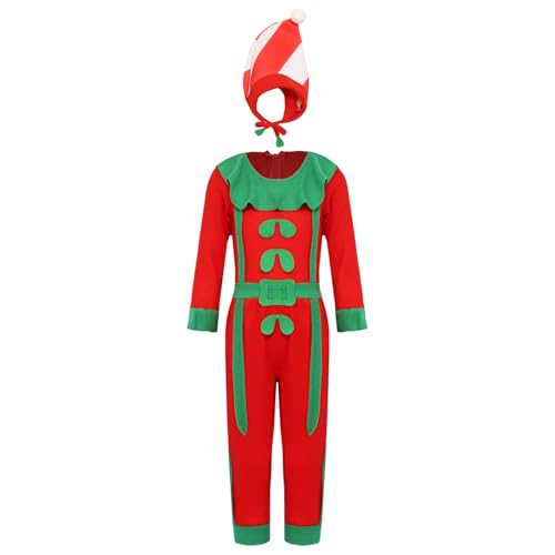 Jugaoge Kinder Jungen Weihnachten Kostüm Elfen Anzug Langarm Rundhals Ganzkörperanzug mit Streifen Mütze Lustige Weihanchtsoutfits Rot 110-116 von Jugaoge