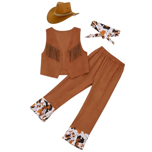 Jugaoge Kinder Wildleder Cowboy Weste mit Lange Hose Kuh Flecken Halstuch mit Cowboy Hut 3 Pcs Bekleidungsset Coslay Outfits Braun 104-110 von Jugaoge