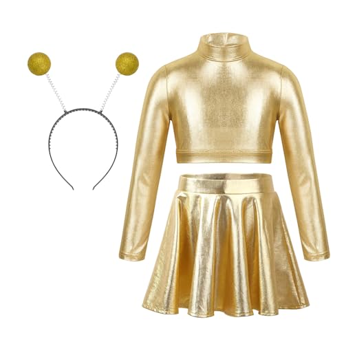 Jugaoge Mädchen Alien Haarreifen mit Langarm Rollkragen Crop Top Shirts und High Waist Gefaltet Rock mit Glitzer Modern Jazz Tanz Kleidung Set Gold 134-140 von Jugaoge