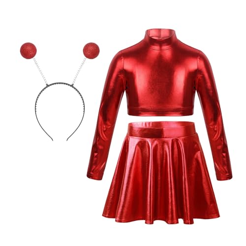 Jugaoge Mädchen Alien Haarreifen mit Langarm Rollkragen Crop Top Shirts und High Waist Gefaltet Rock mit Glitzer Modern Jazz Tanz Kleidung Set Rot 110-116 von Jugaoge