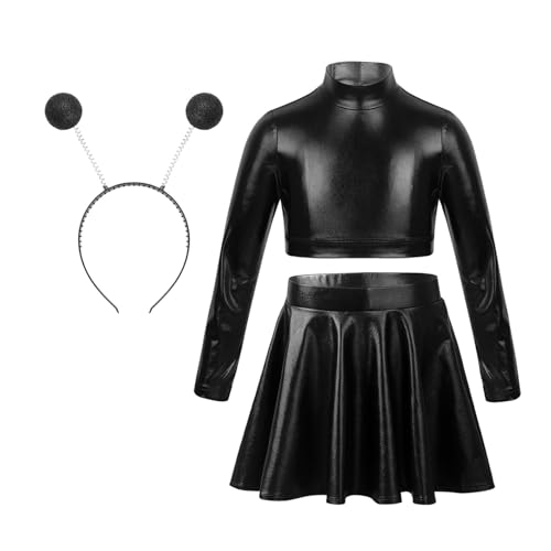 Jugaoge Mädchen Alien Haarreifen mit Langarm Rollkragen Crop Top Shirts und High Waist Gefaltet Rock mit Glitzer Modern Jazz Tanz Kleidung Set Schwarz 110-116 von Jugaoge