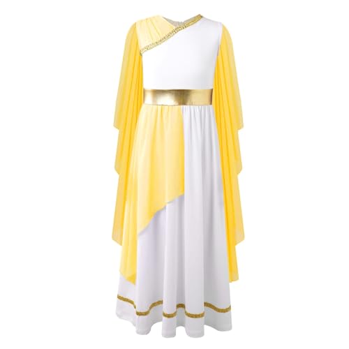 Jugaoge Mädchen Antike Rom Kostüm Griechische Prinzessin Königin Toga Kleid mit Chiffon Umschlagtücher Farbblock Maxikleid Cosplay Outfits Gelb 158-164 von Jugaoge