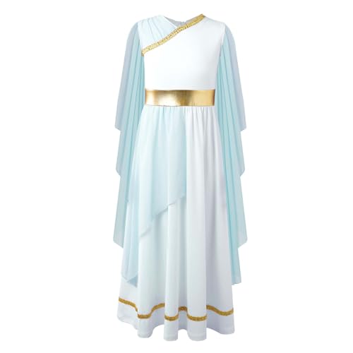 Jugaoge Mädchen Antike Rom Kostüm Griechische Prinzessin Königin Toga Kleid mit Chiffon Umschlagtücher Farbblock Maxikleid Cosplay Outfits Hellblau 134-140 von Jugaoge