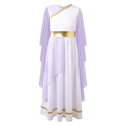 Jugaoge Mädchen Antike Rom Kostüm Griechische Prinzessin Königin Toga Kleid mit Chiffon Umschlagtücher Farbblock Maxikleid Cosplay Outfits Lavendel 110-116 von Jugaoge