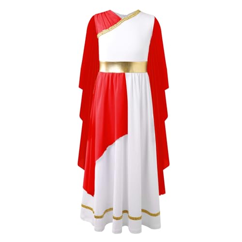 Jugaoge Mädchen Antike Rom Kostüm Griechische Prinzessin Königin Toga Kleid mit Chiffon Umschlagtücher Farbblock Maxikleid Cosplay Outfits Rot 110-116 von Jugaoge