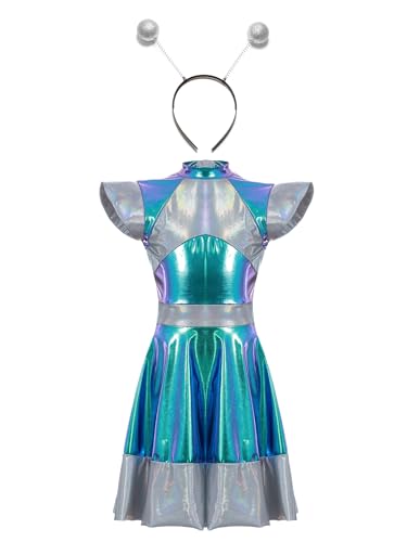 Jugaoge Mädchen Außerirdische Kostüm Kurzarm Metallic Kleid Farbblock Partykleid mit Alien Haarreifen Weltall Cosplay Outfits Silber 146-152 von Jugaoge