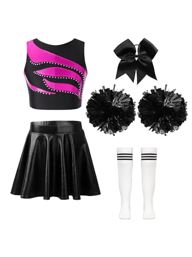 Jugaoge Mädchen Cheerleading Tanz Kleidung Set Streifen Crop Top und Metallic Faltenrock Glitzer Pompons Kniestrümpfe Bowknot Haarclip Cosplay Outfits A Hot Pink&Weiß 134-140 von Jugaoge