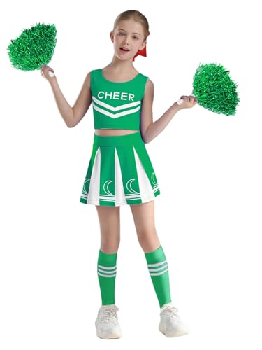 Jugaoge Mädchen Cheerleading Uniform Gestreift Crop Top und Faltenrock mit Handblumen Strümpfe Sport Tanz Kleidung Set 4Pcs Halloween Cosplay Outfits Grün 98-104 Jugaoge Mädchen Cheerleading Uniform Gestreift Crop Top und Faltenrock mit Handblumen Strümpfe Sport Tanz Kleidung Set 4Pcs Halloween Cosplay Outfits Grün 98-104 von Jugaoge