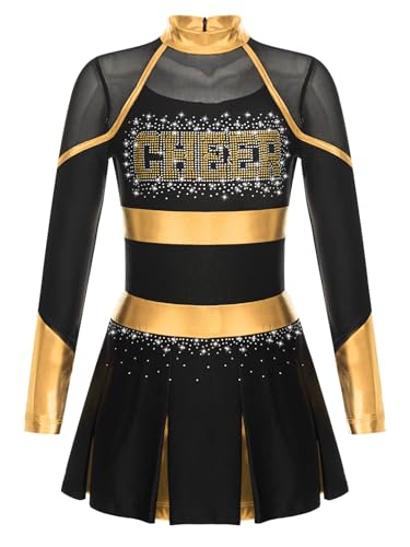 Jugaoge Mädchen Cheerleading Uniform Glitzer Kleid mit Faltenrock Metallic Streifen Sport Tanz Kleidung Halloween Wettbewerb Show Outfits Schwarz Gold 158-164 von Jugaoge