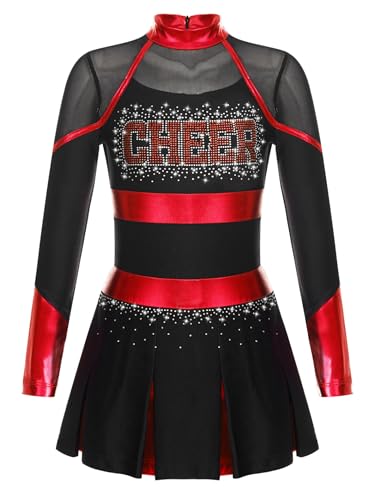 Jugaoge Mädchen Cheerleading Uniform Glitzer Kleid mit Faltenrock Metallic Streifen Sport Tanz Kleidung Halloween Wettbewerb Show Outfits Schwarz Rot 110-116 von Jugaoge