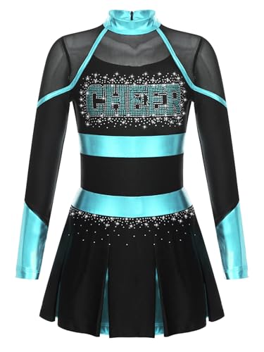 Jugaoge Mädchen Cheerleading Uniform Glitzer Kleid mit Faltenrock Metallic Streifen Sport Tanz Kleidung Halloween Wettbewerb Show Outfits Schwarz & Blau Grün 122-128 von Jugaoge