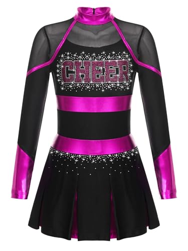 Jugaoge Mädchen Cheerleading Uniform Glitzer Kleid mit Faltenrock Metallic Streifen Sport Tanz Kleidung Halloween Wettbewerb Show Outfits Schwarz & Hot Pink 110-116 von Jugaoge