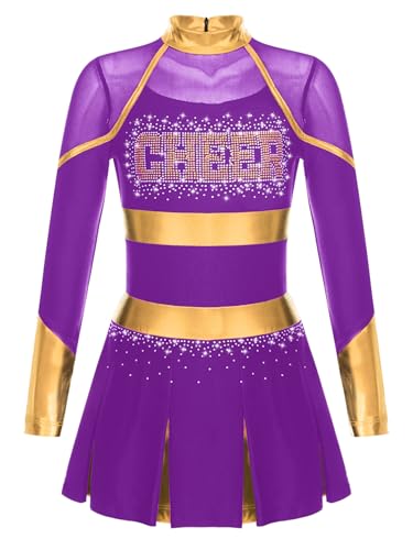 Jugaoge Mädchen Cheerleading Uniform Glitzer Kleid mit Faltenrock Metallic Streifen Sport Tanz Kleidung Halloween Wettbewerb Show Outfits Violett 110-116 von Jugaoge