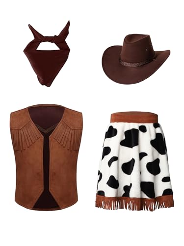 Jugaoge Mädchen Cowgirl Kostüm Ärmellose Wildleder Weste mit Leoparden Print Rock + Western Cowboyhut + Halstuch Schal Vintage Retro Cosplay Outfits Braun 170 Jugaoge Mädchen Cowgirl Kostüm Ärmellose Wildleder Weste mit Leoparden Print Rock + Western Cowboyhut + Halstuch Schal Vintage Retro Cosplay Outfits Braun 170 von Jugaoge