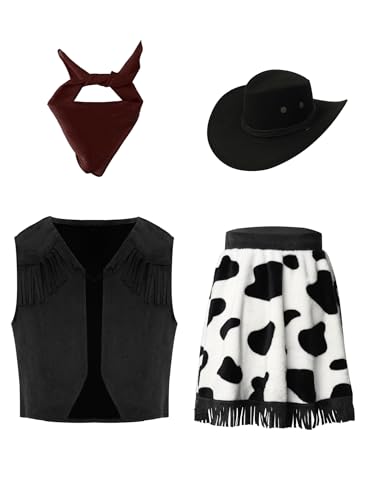Jugaoge Mädchen Cowgirl Kostüm Ärmellose Wildleder Weste mit Leoparden Print Rock + Western Cowboyhut + Halstuch Schal Vintage Retro Cosplay Outfits Schwarz 146-152 Jugaoge Mädchen Cowgirl Kostüm Ärmellose Wildleder Weste mit Leoparden Print Rock + Western Cowboyhut + Halstuch Schal Vintage Retro Cosplay Outfits Schwarz 146-152 von Jugaoge