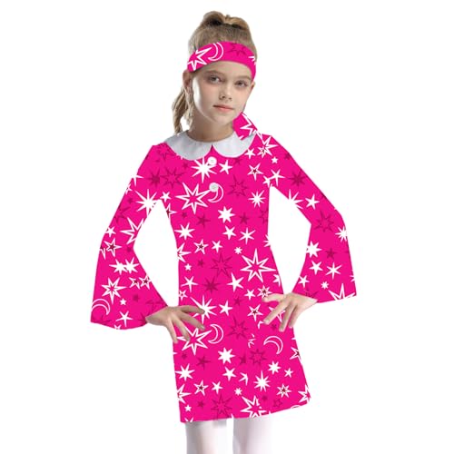 Jugaoge Mädchen Disco Kostüm 70er Jahre Kleid Langarm Blumenmuster Puppenkragen Druckkleider Minikleider mit Stirnband Faschingskostüm Hot Pink 134-140 von Jugaoge