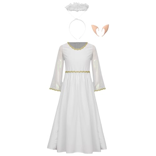 Jugaoge Mädchen Engel Cosplay Kostüm Langarm Kleid mit Weißer Heiligenschein Haarreif und Elfen Ohren Elegant Partykleid A Linie Weihnachtskleider in Weiß Weiß 122-128 von Jugaoge