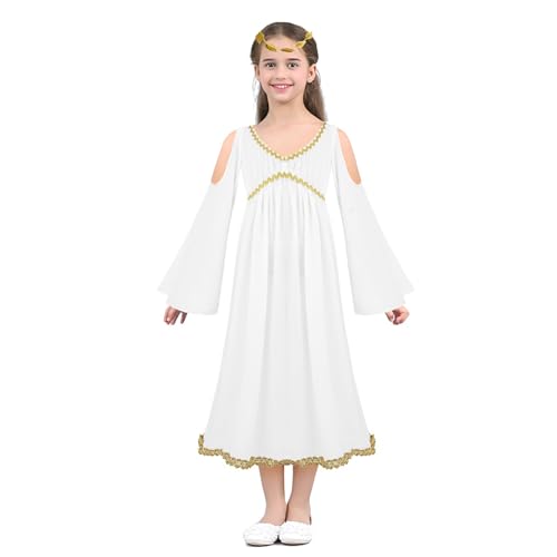 Jugaoge Mädchen Engel Kostüm Glockenärmel Tunika Kleid mit Römische Göttin Haarreif Lorbeerkranz Haaarband Weihnachtsengel Cosplay Outfits Elfenbein 92-98 von Jugaoge