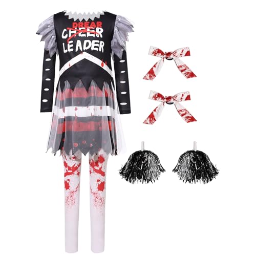 Jugaoge Mädchen Halloween Kostüm Horror Cheerleading Uniformen Schule Outfit Langarm Shirt mit Faltenrock und Kniestrümpfe Handblumen Bowknot Haarband Schwarz 134-140 Jugaoge Mädchen Halloween Kostüm Horror Cheerleading Uniformen Schule Outfit Langarm Shirt mit Faltenrock und Kniestrümpfe Handblumen Bowknot Haarband Schwarz 134-140 von Jugaoge