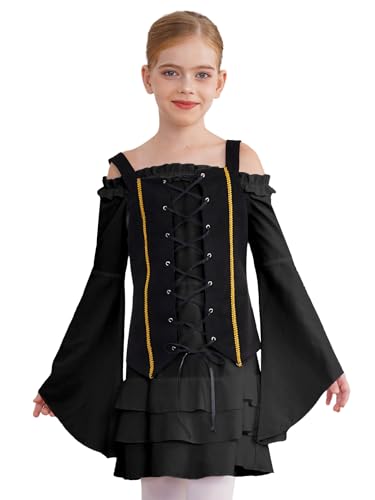 Jugaoge Mädchen Piratin Kleid Langarm Mittelalter Renaissance Partykleid mit Trompetenärmel Schnür Weste Gotic Retro Minikleider Halloween Outfits Schwarz 110-116 von Jugaoge