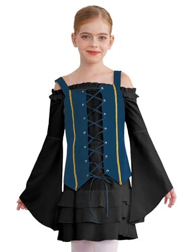 Jugaoge Mädchen Piratin Kleid Langarm Mittelalter Renaissance Partykleid mit Trompetenärmel Schnür Weste Gotic Retro Minikleider Halloween Outfits Schwarz Blau 170 von Jugaoge