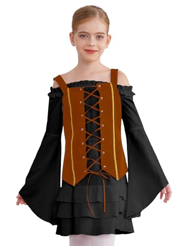 Jugaoge Mädchen Piratin Kleid Langarm Mittelalter Renaissance Partykleid mit Trompetenärmel Schnür Weste Gotic Retro Minikleider Halloween Outfits Schwarz Braun 110-116 von Jugaoge