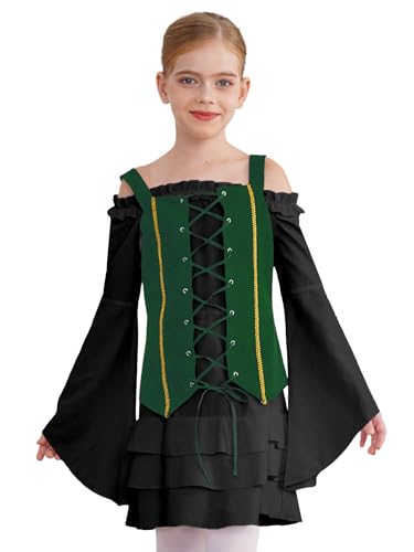 Jugaoge Mädchen Piratin Kleid Langarm Mittelalter Renaissance Partykleid mit Trompetenärmel Schnür Weste Gotic Retro Minikleider Halloween Outfits Schwarz Grün 110-116 von Jugaoge