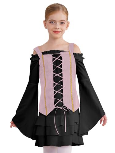 Jugaoge Mädchen Piratin Kleid Langarm Mittelalter Renaissance Partykleid mit Trompetenärmel Schnür Weste Gotic Retro Minikleider Halloween Outfits Schwarz Rosa 110-116 von Jugaoge