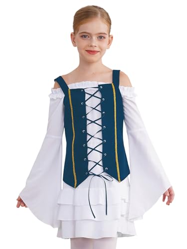 Jugaoge Mädchen Piratin Kleid Langarm Mittelalter Renaissance Partykleid mit Trompetenärmel Schnür Weste Gotic Retro Minikleider Halloween Outfits Weiß Blau 122-128 von Jugaoge