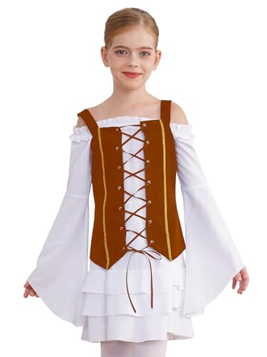 Jugaoge Mädchen Piratin Kleid Langarm Mittelalter Renaissance Partykleid mit Trompetenärmel Schnür Weste Gotic Retro Minikleider Halloween Outfits Weiß Braun 110-116 von Jugaoge