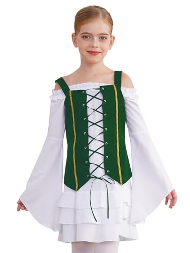 Jugaoge Mädchen Piratin Kleid Langarm Mittelalter Renaissance Partykleid mit Trompetenärmel Schnür Weste Gotic Retro Minikleider Halloween Outfits Weiß Grün 110-116 von Jugaoge