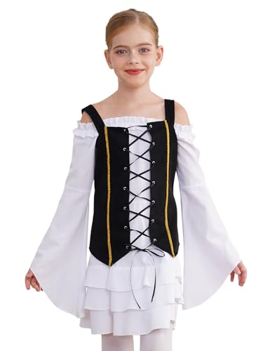 Jugaoge Mädchen Piratin Kleid Langarm Mittelalter Renaissance Partykleid mit Trompetenärmel Schnür Weste Gotic Retro Minikleider Halloween Outfits Weiß schwarz 110-116 von Jugaoge